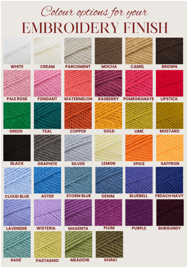 Colour swatch chart for embroidery finishes with various colour options.